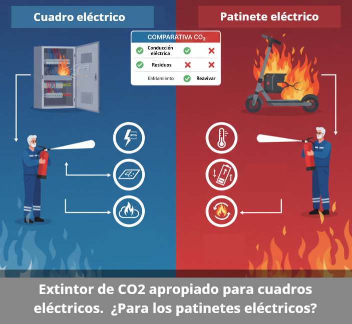 CO2 como extintor: ventajas para cuadros eléctricos y peligros en patinetes eléctricos