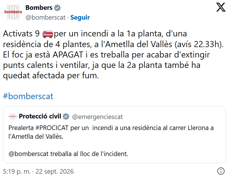 Un incendio en una residencia de L’Ametlla del Vallès deja 70 personas afectadas y ocho hospitalizadas por inhalación de humo. Conoce todos los detalles.